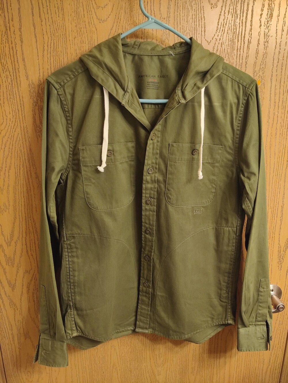American Eagle Outfitters Olive Green Hooded Button-Up Shirt Jacket